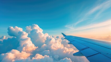 Wall Mural - Vibrant azure sky adorned with fluffy cumulus clouds, aerial view, close-up of aircraft wing. Envisioned cloud scenery. Themes tied to travel, exploration, weekends, vacations, liberty, tranquility...