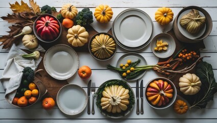 Canvas Print - Flat lay arrangement celebrating Thanksgiving with dinnerware, seasonal produce, and a light wooden backdrop.