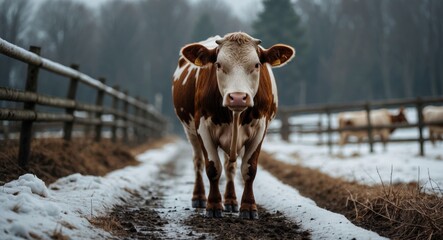 Wall Mural - a cow strolls through a winter farm in a detailed portrait.