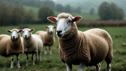 Wall Mural - sheep with brown and white fur in a countryside meadow