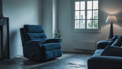 Wall Mural - Light-colored walls, a concrete flooring, and a navy blue recliner in a cozy living area with an adjacent lamp. a design mockup