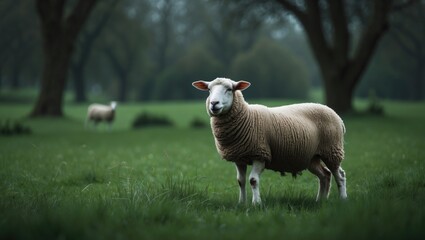 Wall Mural - a sheep standing in a grassy green field surrounded by trees. farm animal, lamb, natural wildlife se