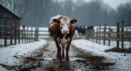 Wall Mural - a large portrait of a cow strolling through a snowy farm in winter.