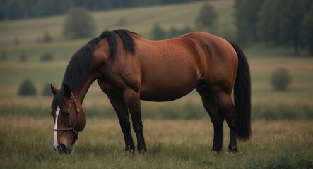 Wall Mural - image of a chestnut horse feeding in a grassy field