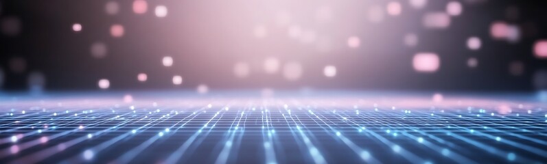 Poster - Futuristic digital landscape with glowing particles and a grid pattern.