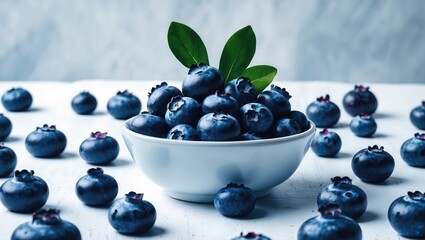 Wall Mural - Fresh blueberries on a white surface, separately displayed. Organic blueberries are packed with antioxidants.