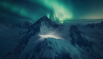 Poster - Aerial view of snow-covered peaks glowing under the soft light of an aurora borealis, cinematic ethereal serenity