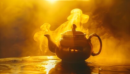 Aufkleber - Close-up of glowing morning steam rising from a traditional teapot, illuminated by warm golden light, cinematic nostalgic elegance