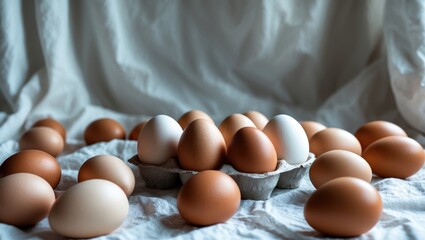 Wall Mural - Separated chicken eggs set against a light background.