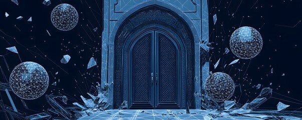 Wall Mural - intricate wireframe archway with geometric spheres in a digital realm