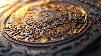 Poster - Macro shot of glowing intricate patterns carved into a traditional artifact, illuminated by warm ambient light, cinematic cultural artistry
