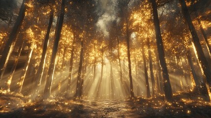 Aufkleber - Wide-angle view of glowing forest trees illuminated by shafts of golden light, cinematic tranquil elegance