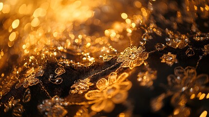Poster - Macro shot of glowing intricate embroidery on a traditional garment, illuminated by soft warm light, cinematic cultural artistry