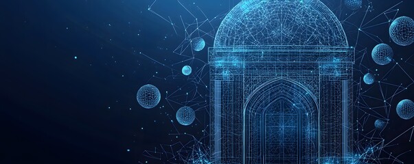 Wall Mural - digital representation of a building with geometric lines and spheres