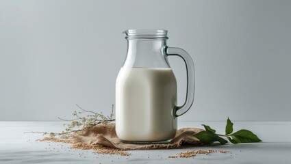 Wall Mural - Glass milk pitcher set against a plain white backdrop.