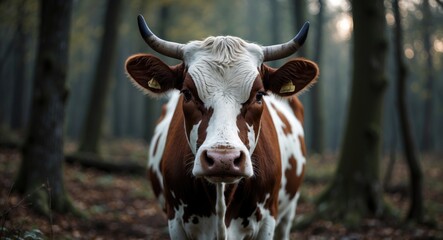 Wall Mural - brown and white speckled cow in a forest setting