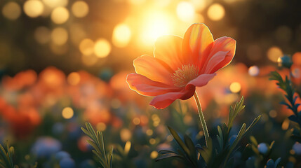 Wall Mural - Silhouette of a flower against a vibrant sunset sky, capturing nature's beauty
