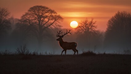 outline of a red deer male during mating season at dawn, uk.