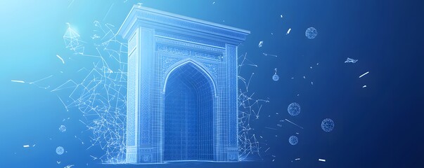 Wall Mural - elaborate blue wireframe architectural archway structure with floating geometric fragments