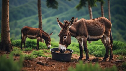 Wall Mural - donkey feeding in a pine woodland in siguatepeque, comayagua