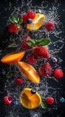 Poster - Colorful splash of fresh fruits including strawberries and oranges with vibrant droplets of water : Generative AI