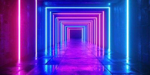Wall Mural - long hallway with neon lights