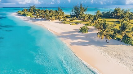Poster - Stunning aerial view of a serene tropical beach with clear blue water and lush green palm trees : Generative AI
