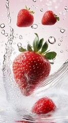 Poster - Fresh Strawberries Splashed in Water with Bubbles and a Soft Pink Background : Generative AI