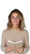 © DesignVectX - Smiling young woman holding a white book on transparent background