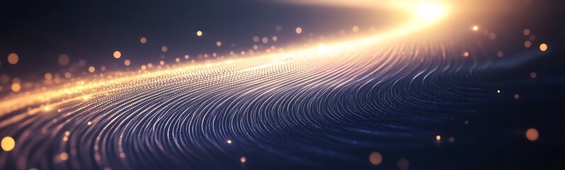 Poster - Glowing abstract light trail with sparkling particles on a dark background.