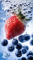 Poster - Fresh strawberries and blueberries submerged in sparkling water creating a refreshing and vibrant splash effect : Generative AI