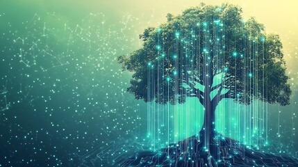 Fototapete - Abstract digital artistic representation of a lush tree connected to technology showcasing a blend of nature and innovation : Generative AI