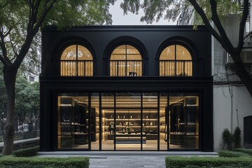 Poster - Stunning modern architecture featuring elegant black facade and tall windows for stylish design inspiration : Generative AI