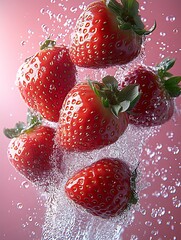 Poster - Fresh Juicy Strawberries Splashing in Water with Bubbles Against a Soft Pink Background : Generative AI