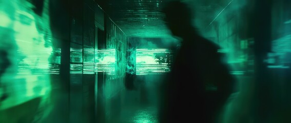 Wall Mural - blurry image of a person walking in a green room