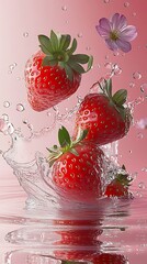 Poster - Fresh and Juicy Strawberries Splashing into Clear Water with Floral Accents : Generative AI