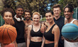 © peopleimages.com - Fitness, portrait and people with basketball, health and athlete with training, goals and practice. Group, sports and friends with technique, court and competition with support, outdoor and teamwork