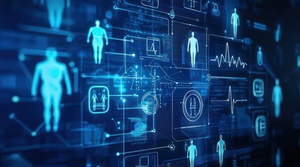 Digital Healthcare Network: A futuristic illustration of interconnected patient data and health monitoring systems.