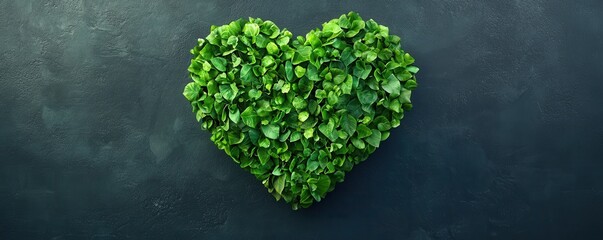 Wall Mural - A heart-shaped arrangement of vibrant green leaves, symbolizing love and nature against a dark background.