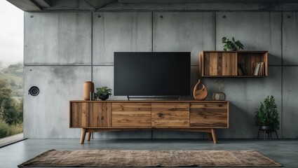 Wall Mural - Design of a wooden TV stand set against a concrete wall in a living space.