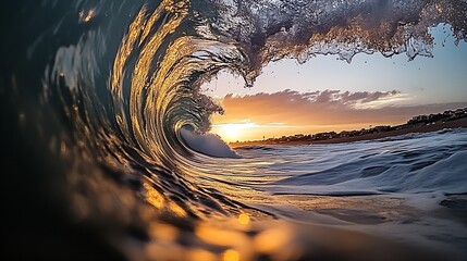 Poster - Dynamic Ocean Wave Catching the Golden Sunset Light Creating a Stunning Coastal Aesthetic : Generative AI