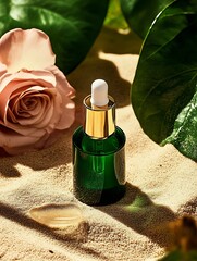 Poster - Elegant Green Glass Bottle with Dropper Surrounded by Soft Pink Roses on Sandy Surface : Generative AI