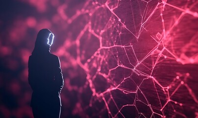 Poster - Silhouette of a person observing a digital network against a vibrant, abstract background.