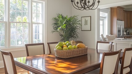 Aufkleber - Brightly lit dining room with a wooden table set with fresh fruits creating a welcoming atmosphere : Generative AI