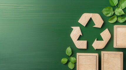 Poster - A green background featuring wooden recycling symbols and boxes surrounded by leaves, emphasizing eco-friendliness and sustainability.