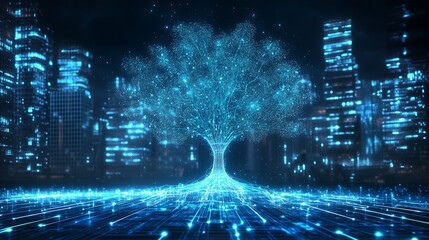Aufkleber - Futuristic digital tree glowing in a vibrant city setting, showcasing advanced technology and nature merging : Generative AI