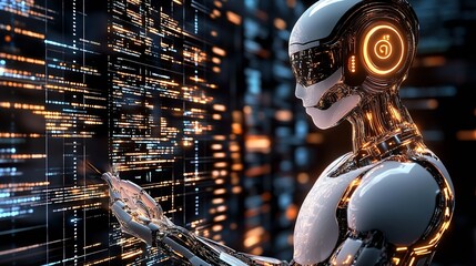Leinwandbilder - Futuristic humanoid robot holding digital interface surrounded by glowing data streams in a high-tech environment : Generative AI