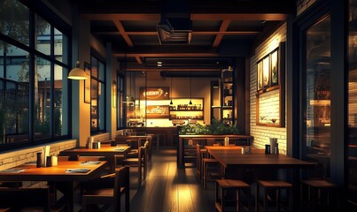 Aufkleber - Cozy and Inviting Modern Restaurant Interior Bathed in Warm Light and Elegant Decor : Generative AI