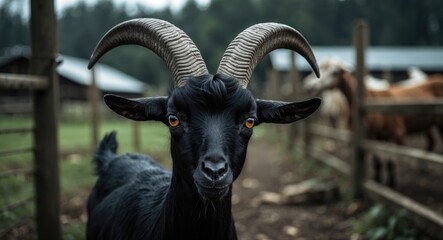 Wall Mural - a dark goat with curved horns on a farmstead