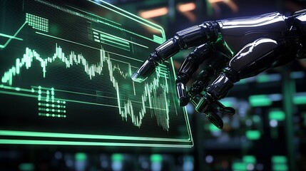 Aufkleber - Futuristic scene with a robotic hand interacting with digital financial graphs and data : Generative AI